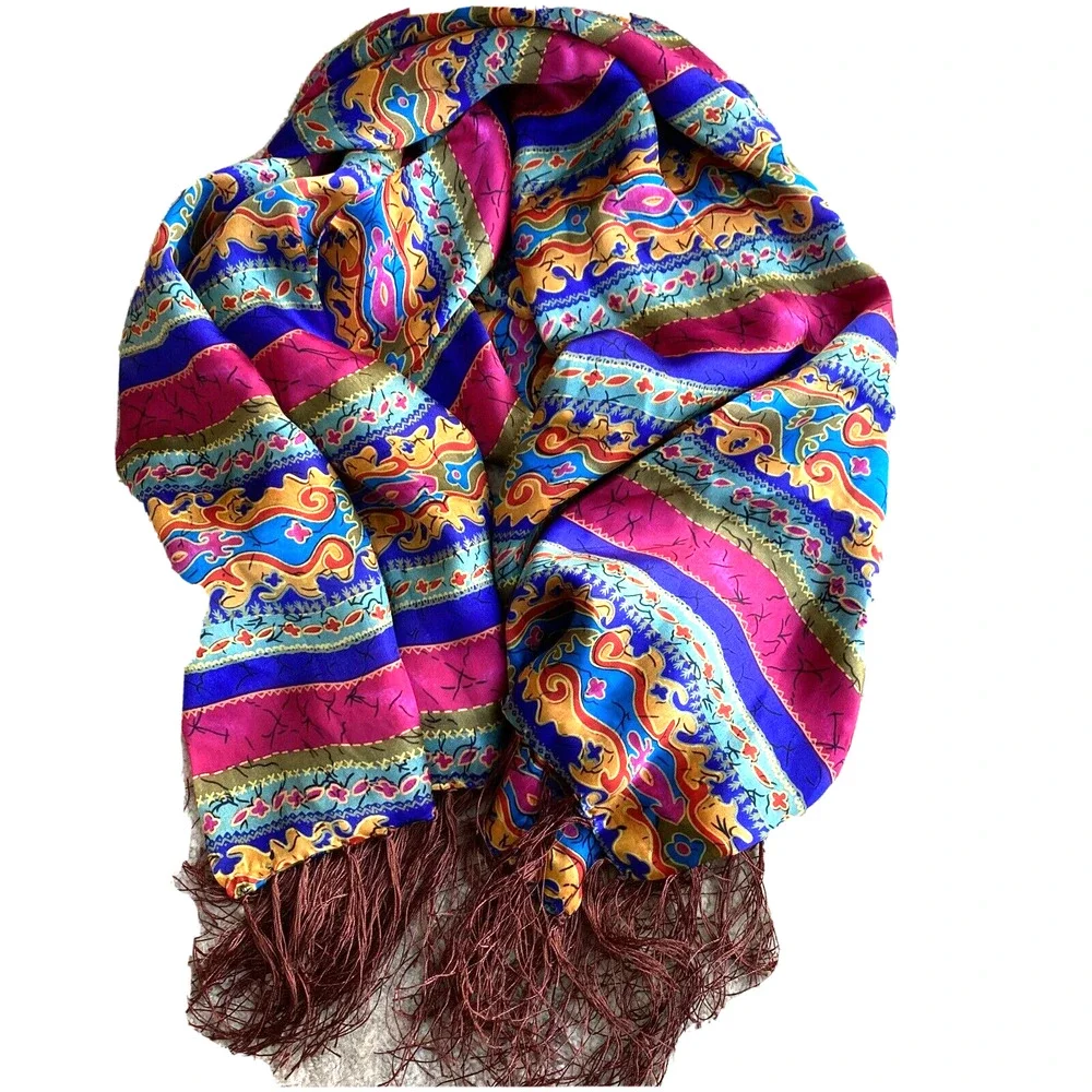 Vintage silk scarf long fringed wrap colorful double sided shawl elegant luxury